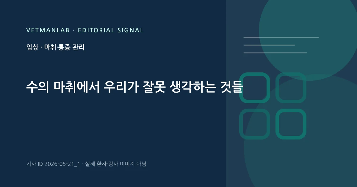 VetManLab 편집용 정보 카드: 수의 마취에서 우리가 잘못 생각하는 것들. 실제 환자나 검사 사진이 아닌 기사 주제 안내 그래픽입니다.