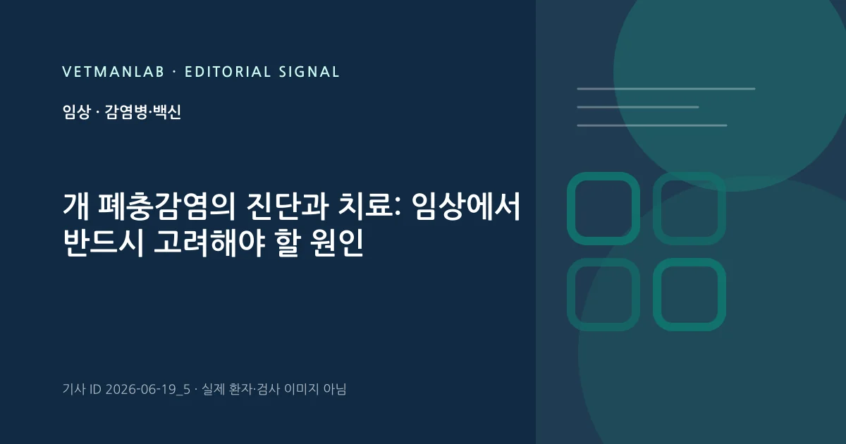 VetManLab 편집용 정보 카드: 개 폐충감염의 진단과 치료: 임상에서 반드시 고려해야 할 원인. 실제 환자나 검사 사진이 아닌 기사 주제 안내 그래픽입니다.