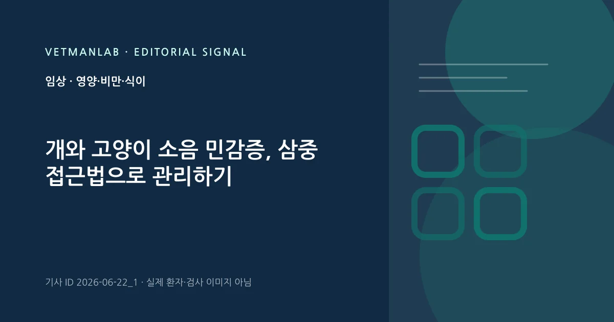 VetManLab 편집용 정보 카드: 개와 고양이 소음 민감증, 삼중 접근법으로 관리하기. 실제 환자나 검사 사진이 아닌 기사 주제 안내 그래픽입니다.