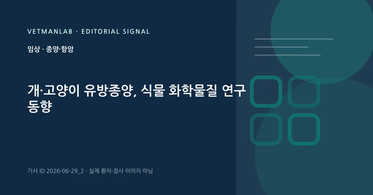 VetManLab 편집용 정보 카드: 개·고양이 유방종양, 식물 화학물질 연구 동향. 실제 환자나 검사 사진이 아닌 기사 주제 안내 그래픽입니다.