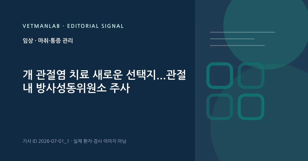 VetManLab 편집용 정보 카드: 개 관절염 치료 새로운 선택지...관절 내 방사성동위원소 주사. 실제 환자나 검사 사진이 아닌 기사 주제 안내 그래픽입니다.