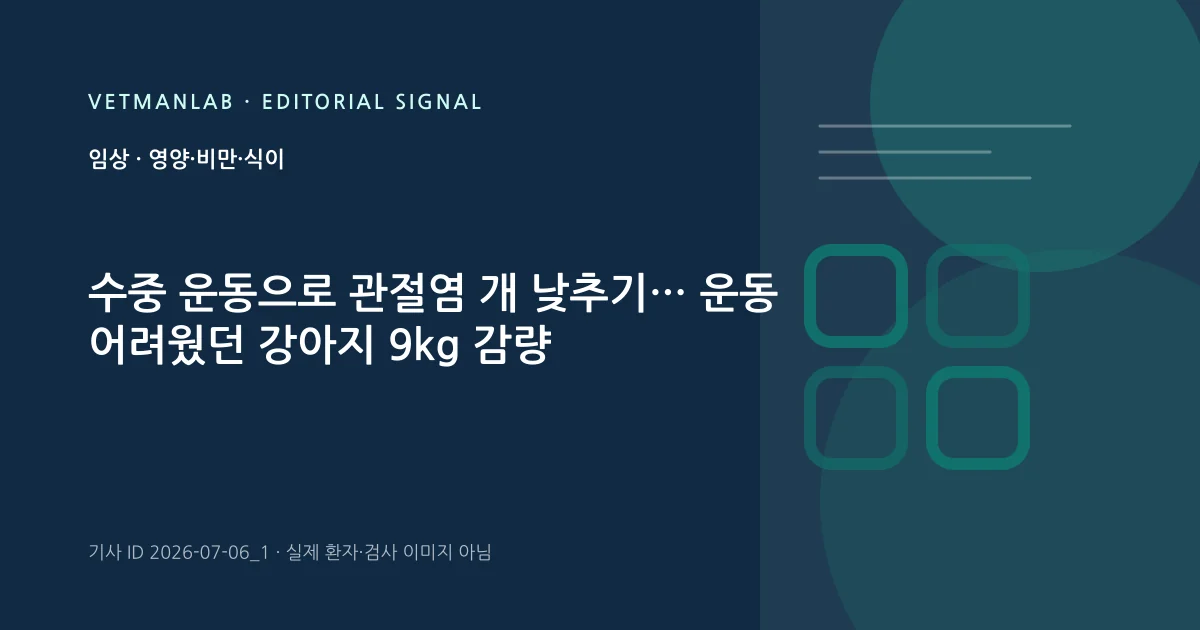 VetManLab 편집용 정보 카드: 수중 운동으로 관절염 개 낮추기… 운동 어려웠던 강아지 9kg 감량. 실제 환자나 검사 사진이 아닌 기사 주제 안내 그래픽입니다.