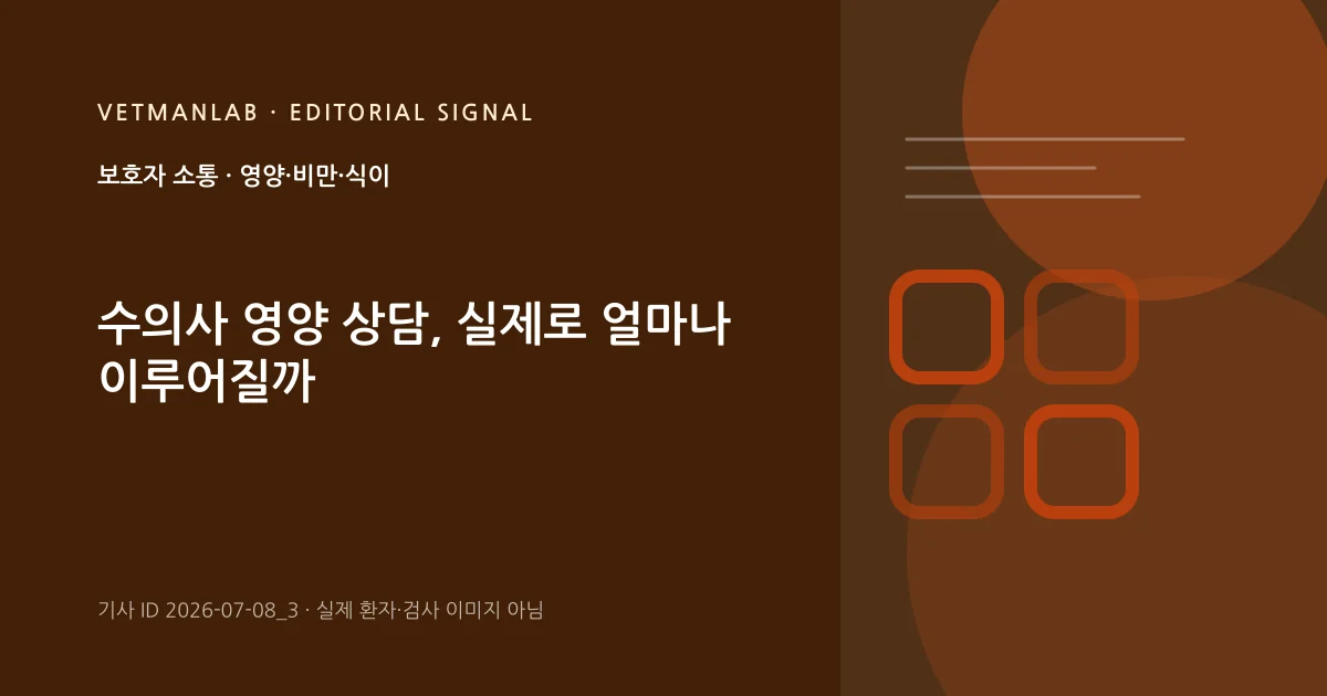 VetManLab 편집용 정보 카드: 수의사 영양 상담, 실제로 얼마나 이루어질까. 실제 환자나 검사 사진이 아닌 기사 주제 안내 그래픽입니다.