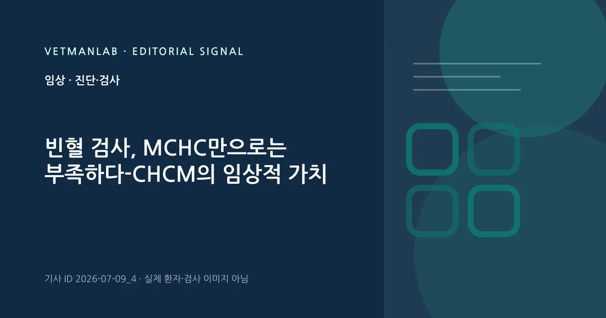VetManLab 편집용 정보 카드: 빈혈 검사, MCHC만으로는 부족하다-CHCM의 임상적 가치. 실제 환자나 검사 사진이 아닌 기사 주제 안내 그래픽입니다.