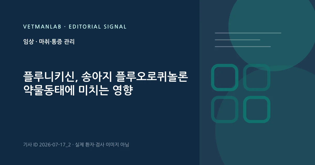 VetManLab 편집용 정보 카드: 플루니키신, 송아지 플루오로퀴놀론 약물동태에 미치는 영향. 실제 환자나 검사 사진이 아닌 기사 주제 안내 그래픽입니다.