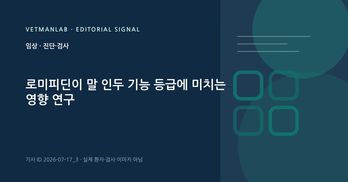 VetManLab 편집용 정보 카드: 로미피딘이 말 인두 기능 등급에 미치는 영향 연구. 실제 환자나 검사 사진이 아닌 기사 주제 안내 그래픽입니다.
