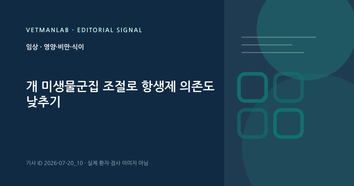 VetManLab 편집용 정보 카드: 개 미생물군집 조절로 항생제 의존도 낮추기. 실제 환자나 검사 사진이 아닌 기사 주제 안내 그래픽입니다.