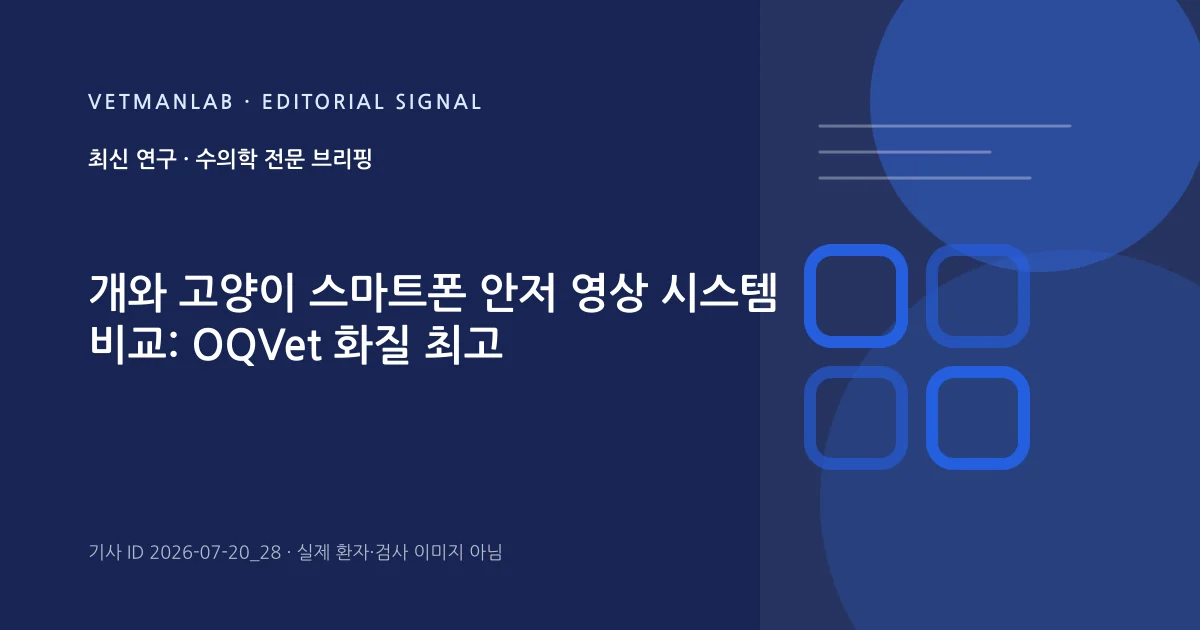 VetManLab 편집용 정보 카드: 개와 고양이 스마트폰 안저 영상 시스템 비교: OQVet 화질 최고. 실제 환자나 검사 사진이 아닌 기사 주제 안내 그래픽입니다.