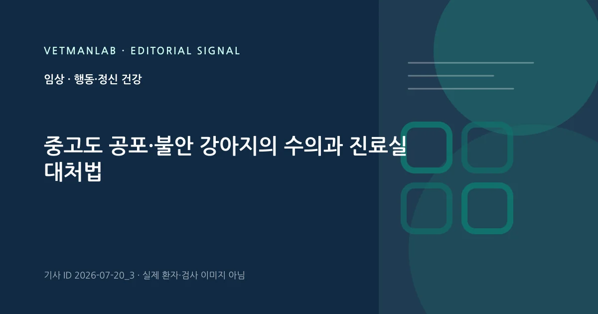 VetManLab 편집용 정보 카드: 중고도 공포·불안 강아지의 수의과 진료실 대처법. 실제 환자나 검사 사진이 아닌 기사 주제 안내 그래픽입니다.