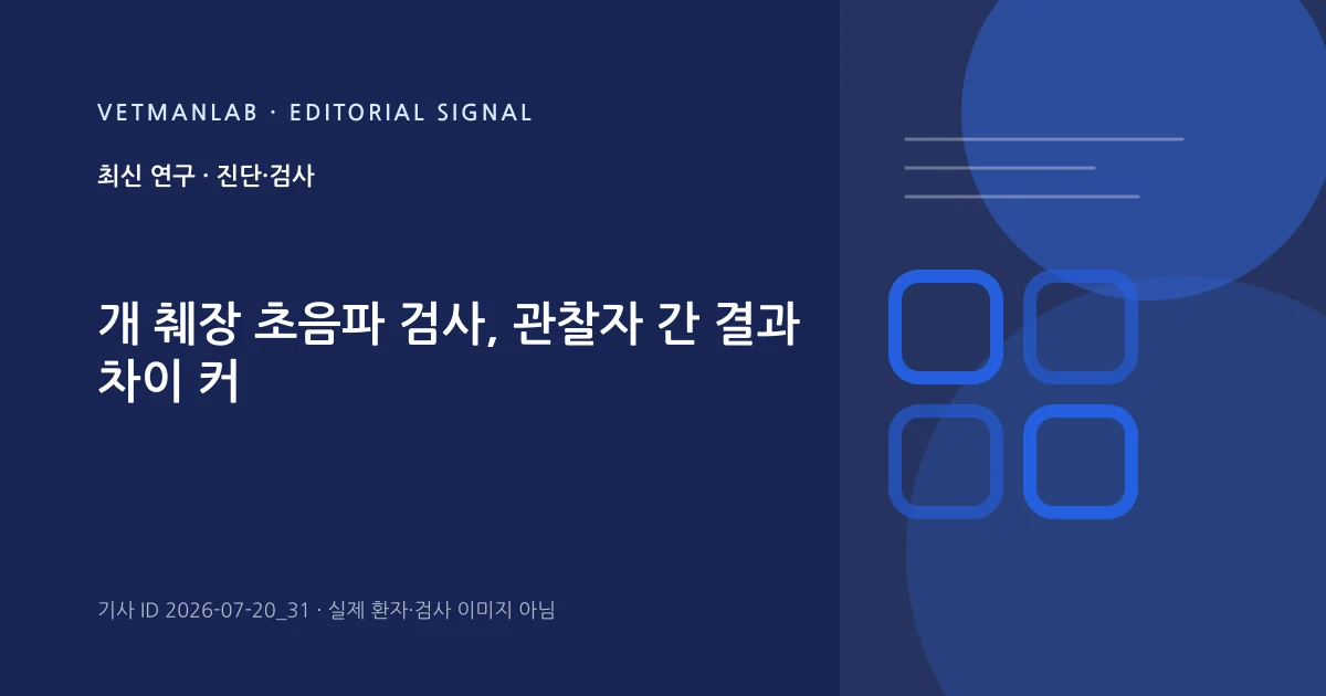 VetManLab 편집용 정보 카드: 개 췌장 초음파 검사, 관찰자 간 결과 차이 커. 실제 환자나 검사 사진이 아닌 기사 주제 안내 그래픽입니다.