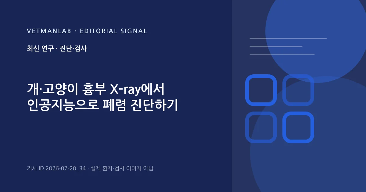 VetManLab 편집용 정보 카드: 개·고양이 흉부 X-ray에서 인공지능으로 폐렴 진단하기. 실제 환자나 검사 사진이 아닌 기사 주제 안내 그래픽입니다.
