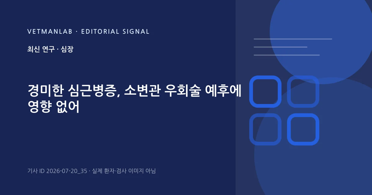 VetManLab 편집용 정보 카드: 경미한 심근병증, 소변관 우회술 예후에 영향 없어. 실제 환자나 검사 사진이 아닌 기사 주제 안내 그래픽입니다.