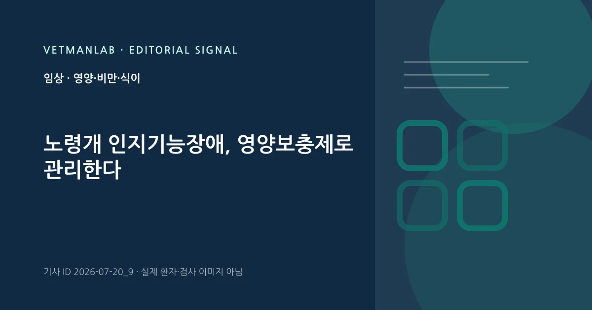 VetManLab 편집용 정보 카드: 노령개 인지기능장애, 영양보충제로 관리한다. 실제 환자나 검사 사진이 아닌 기사 주제 안내 그래픽입니다.