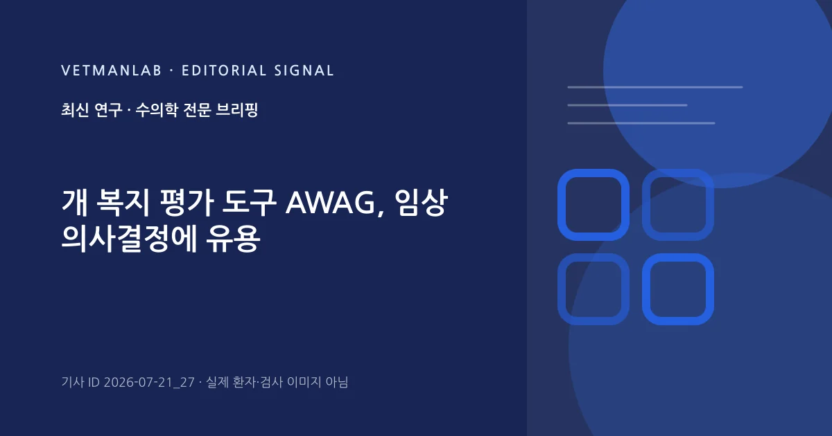 VetManLab 편집용 정보 카드: 개 복지 평가 도구 AWAG, 임상 의사결정에 유용. 실제 환자나 검사 사진이 아닌 기사 주제 안내 그래픽입니다.