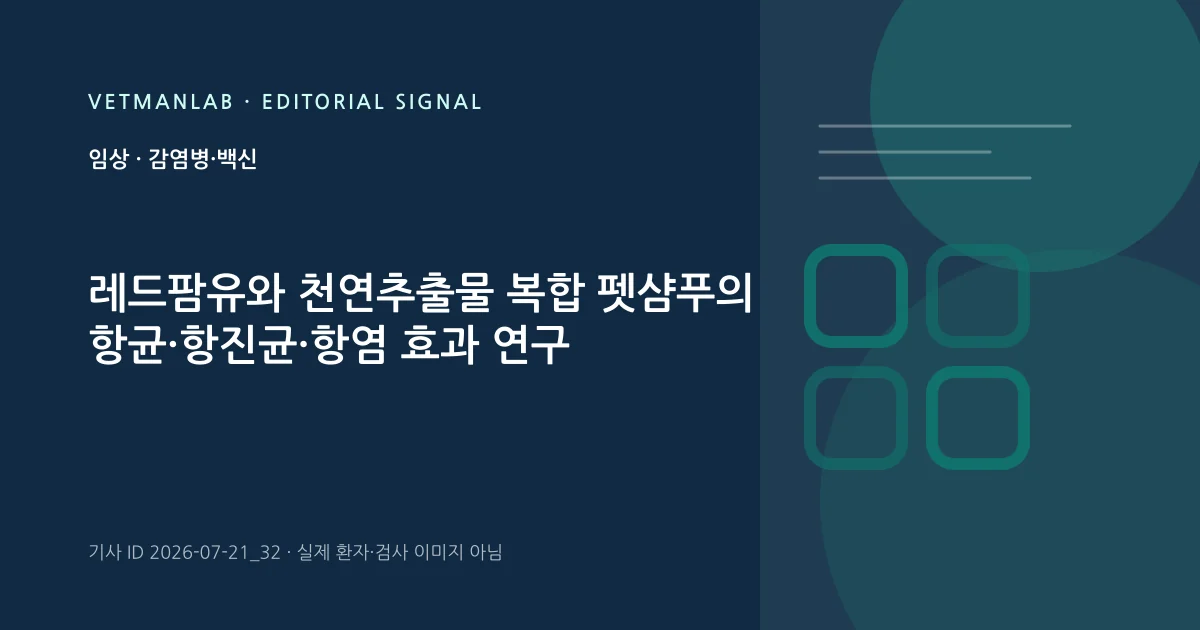 VetManLab 편집용 정보 카드: 레드팜유와 천연추출물 복합 펫샴푸의 항균·항진균·항염 효과 연구. 실제 환자나 검사 사진이 아닌 기사 주제 안내 그래픽입니다.