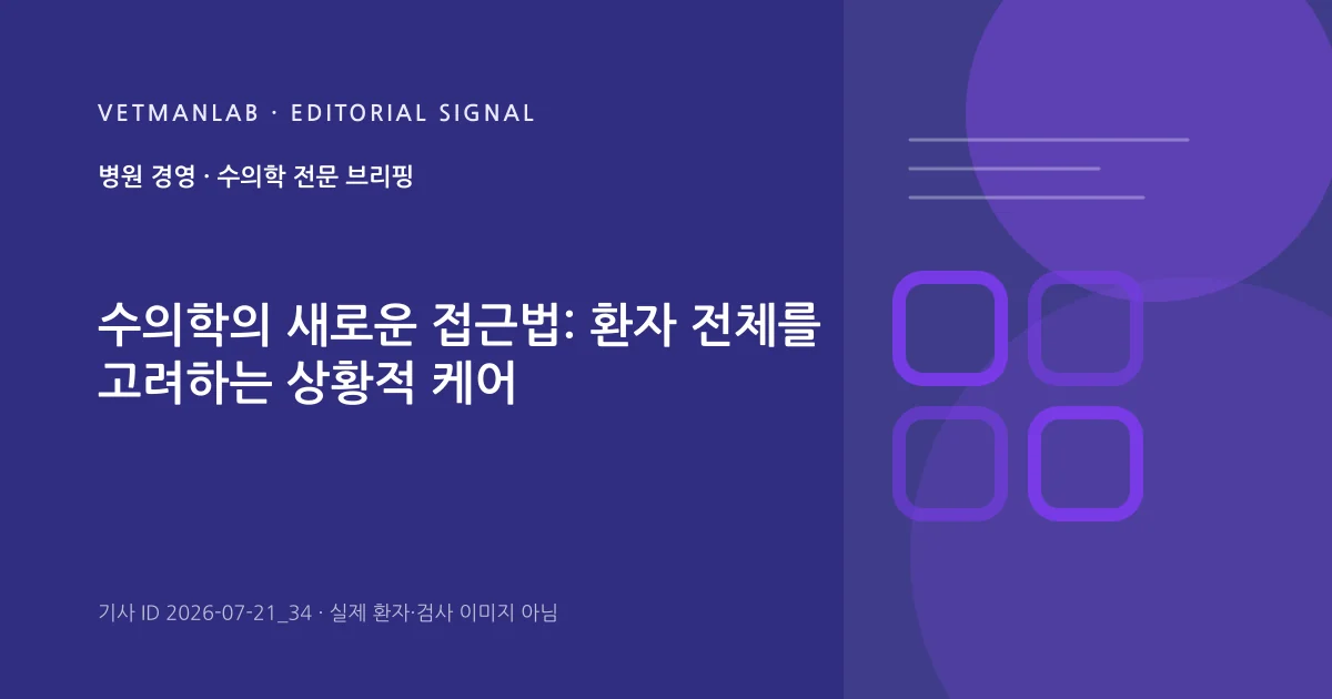 VetManLab 편집용 정보 카드: 수의학의 새로운 접근법: 환자 전체를 고려하는 상황적 케어. 실제 환자나 검사 사진이 아닌 기사 주제 안내 그래픽입니다.