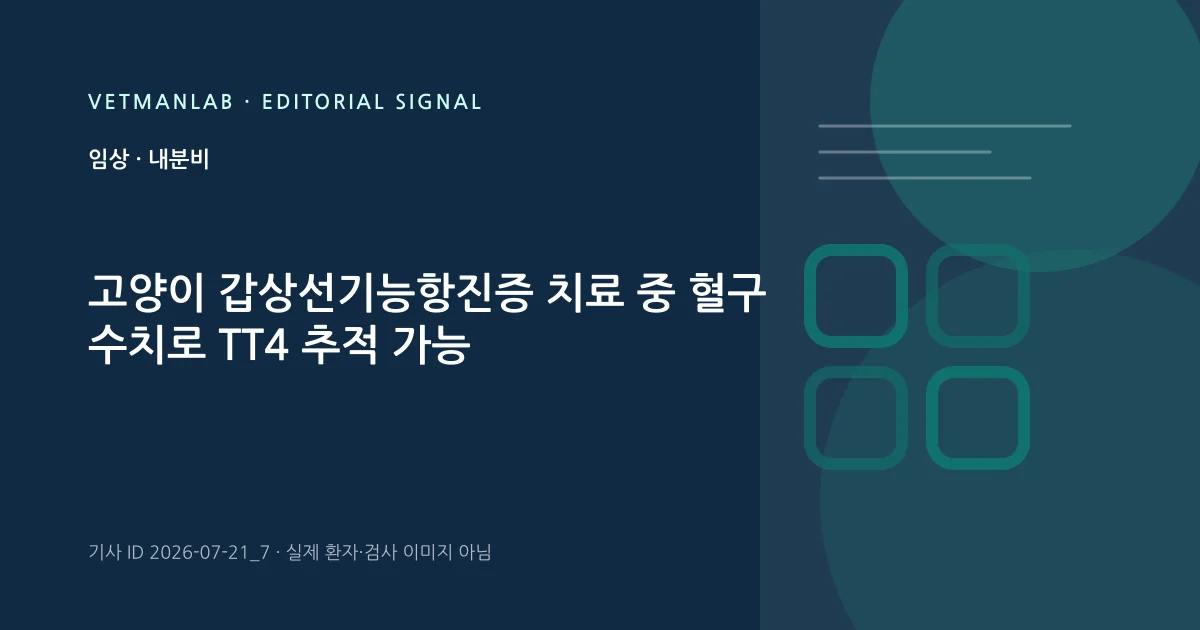 VetManLab 편집용 정보 카드: 고양이 갑상선기능항진증 치료 중 혈구 수치로 TT4 추적 가능. 실제 환자나 검사 사진이 아닌 기사 주제 안내 그래픽입니다.