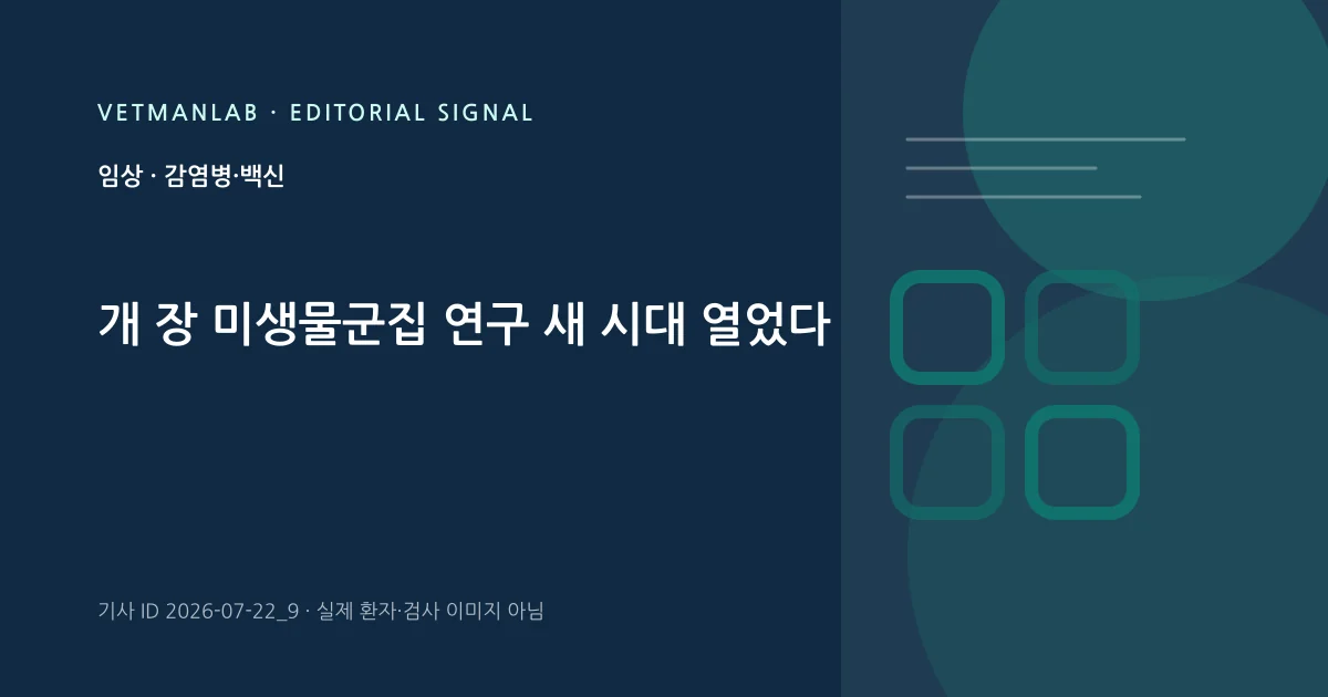 VetManLab 편집용 정보 카드: 개 장 미생물군집 연구 새 시대 열었다. 실제 환자나 검사 사진이 아닌 기사 주제 안내 그래픽입니다.