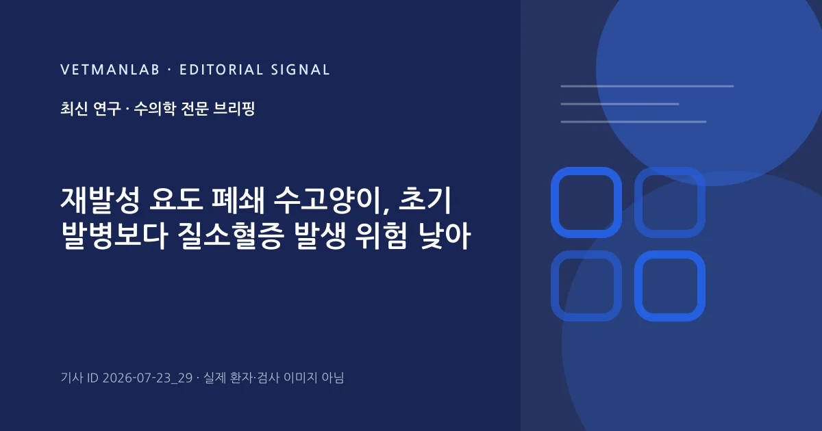 VetManLab 편집용 정보 카드: 재발성 요도 폐쇄 수고양이, 초기 발병보다 질소혈증 발생 위험 낮아. 실제 환자나 검사 사진이 아닌 기사 주제 안내 그래픽입니다.