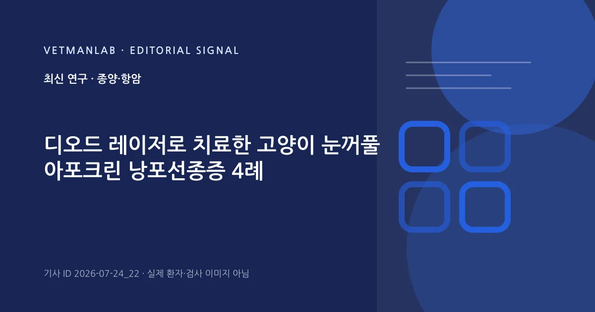 VetManLab 편집용 정보 카드: 디오드 레이저로 치료한 고양이 눈꺼풀 아포크린 낭포선종증 4례. 실제 환자나 검사 사진이 아닌 기사 주제 안내 그래픽입니다.