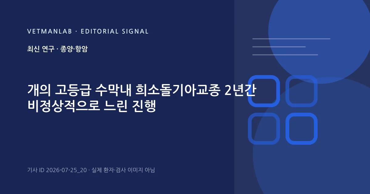 VetManLab 편집용 정보 카드: 개의 고등급 수막내 희소돌기아교종 2년간 비정상적으로 느린 진행. 실제 환자나 검사 사진이 아닌 기사 주제 안내 그래픽입니다.