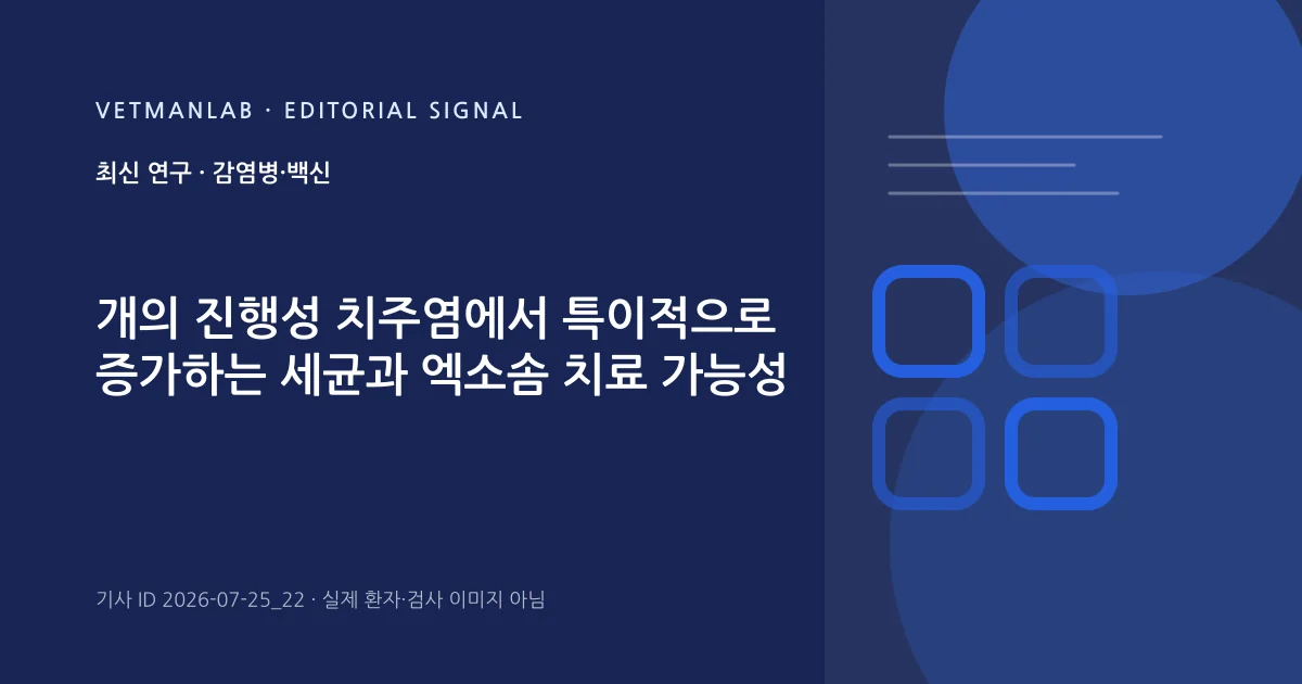 VetManLab 편집용 정보 카드: 개의 진행성 치주염에서 특이적으로 증가하는 세균과 엑소솜 치료 가능성. 실제 환자나 검사 사진이 아닌 기사 주제 안내 그래픽입니다.