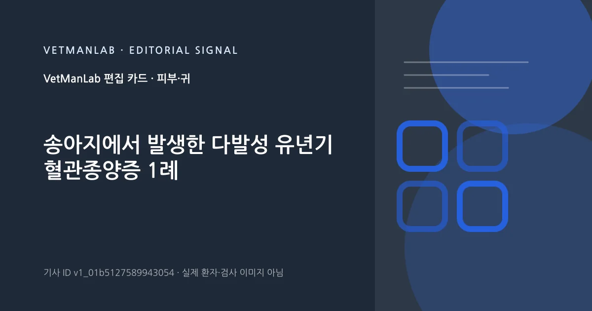 VetManLab 편집용 정보 카드: 송아지에서 발생한 다발성 유년기 혈관종양증 1례. 실제 환자나 검사 사진이 아닌 기사 주제 안내 그래픽입니다.