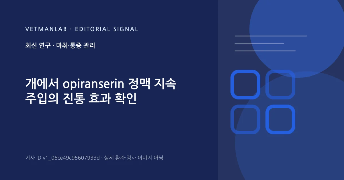 VetManLab 편집용 정보 카드: 개에서 opiranserin 정맥 지속 주입의 진통 효과 확인. 실제 환자나 검사 사진이 아닌 기사 주제 안내 그래픽입니다.