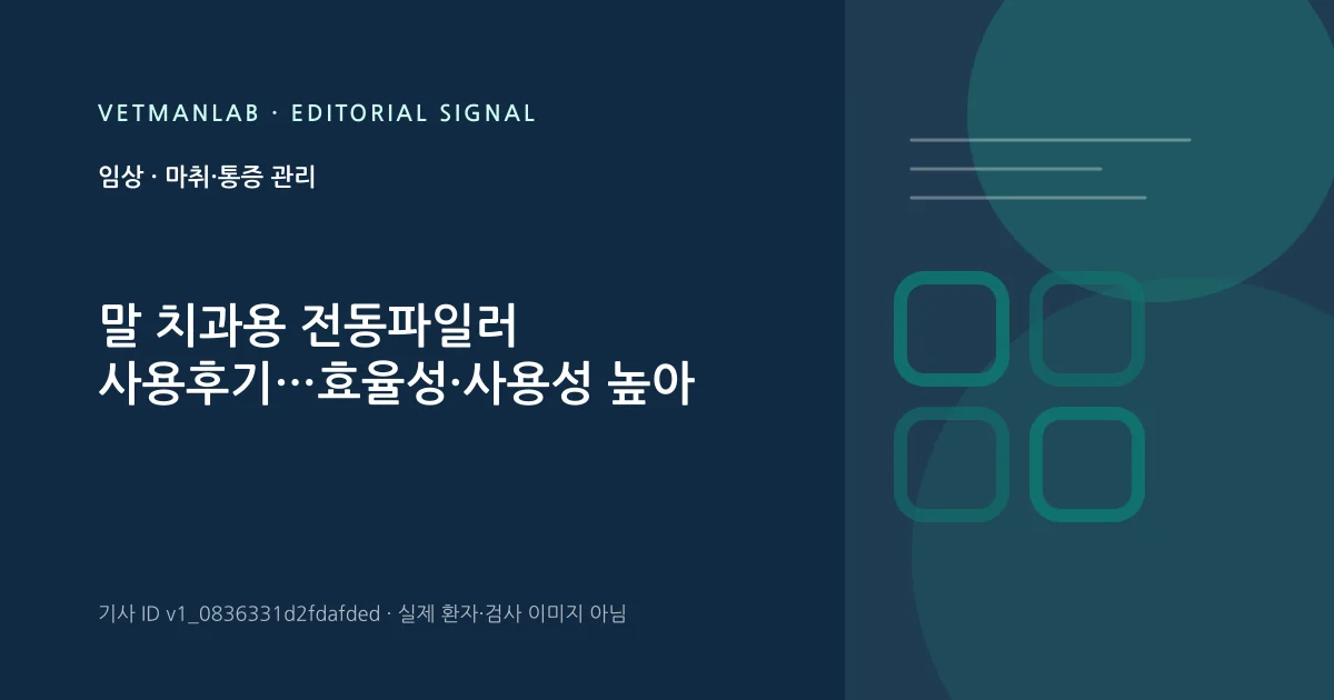 VetManLab 편집용 정보 카드: 말 치과용 전동파일러 사용후기…효율성·사용성 높아. 실제 환자나 검사 사진이 아닌 기사 주제 안내 그래픽입니다.