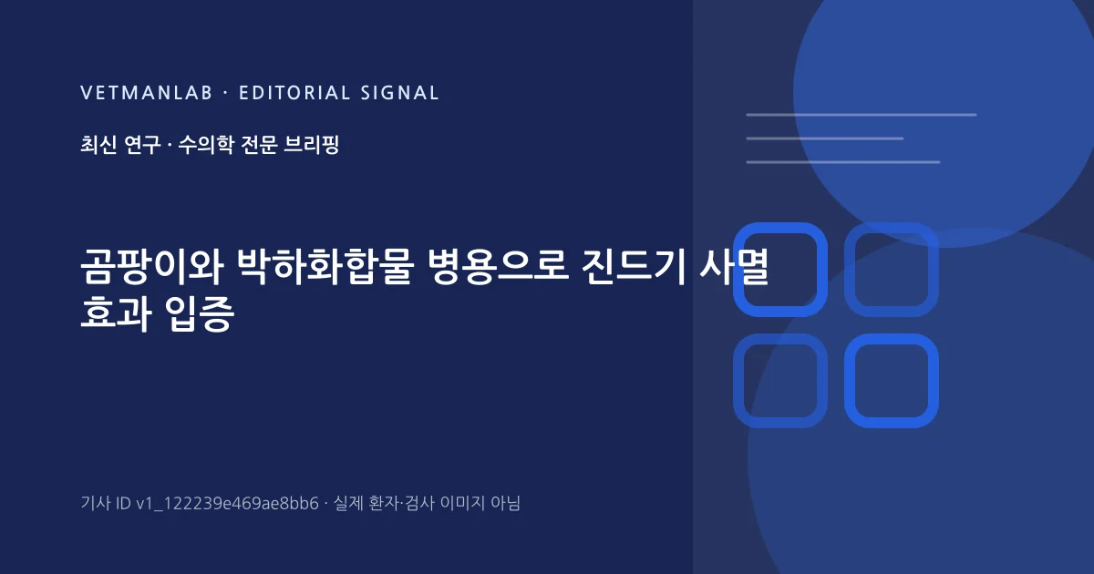 VetManLab 편집용 정보 카드: 곰팡이와 박하화합물 병용으로 진드기 사멸 효과 입증. 실제 환자나 검사 사진이 아닌 기사 주제 안내 그래픽입니다.