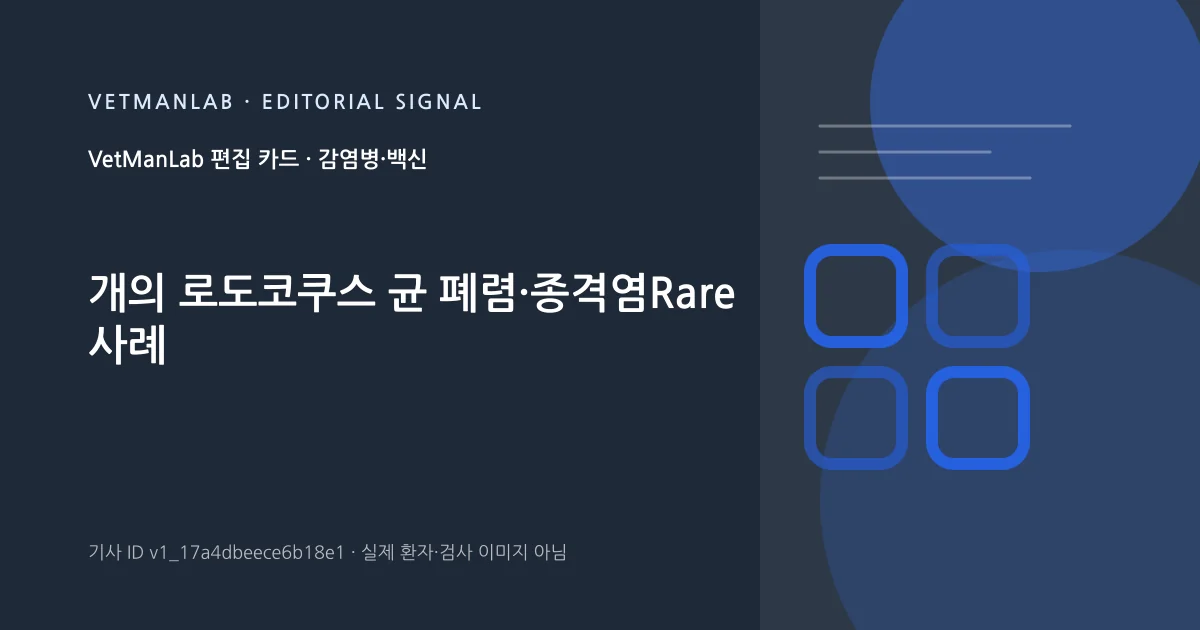 VetManLab 편집용 정보 카드: 개의 로도코쿠스 균 폐렴·종격염Rare 사례. 실제 환자나 검사 사진이 아닌 기사 주제 안내 그래픽입니다.