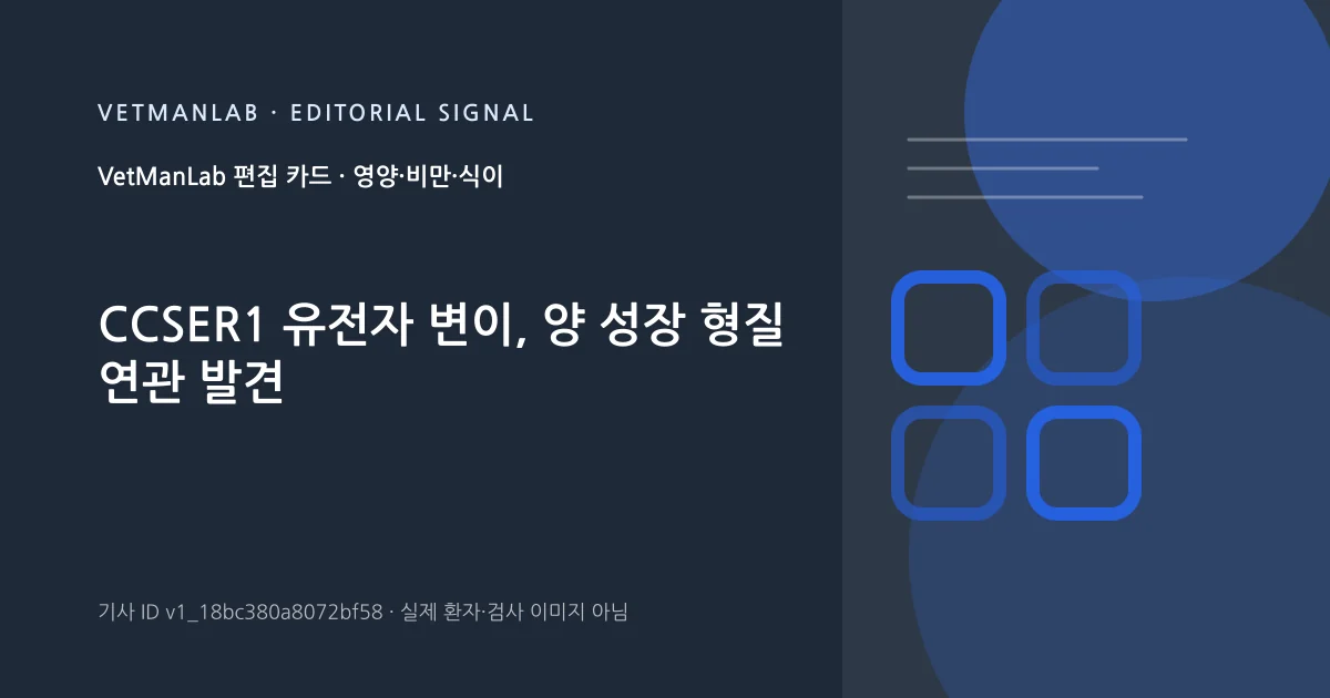 VetManLab 편집용 정보 카드: CCSER1 유전자 변이, 양 성장 형질 연관 발견. 실제 환자나 검사 사진이 아닌 기사 주제 안내 그래픽입니다.
