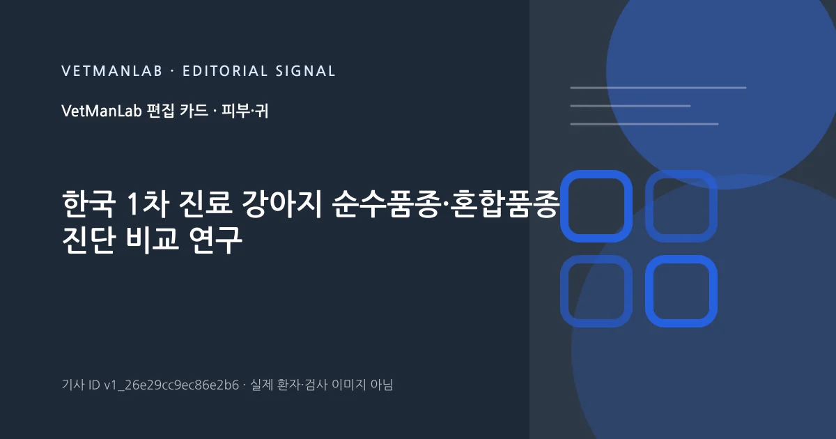 VetManLab 편집용 정보 카드: 한국 1차 진료 강아지 순수품종·혼합품종 진단 비교 연구. 실제 환자나 검사 사진이 아닌 기사 주제 안내 그래픽입니다.