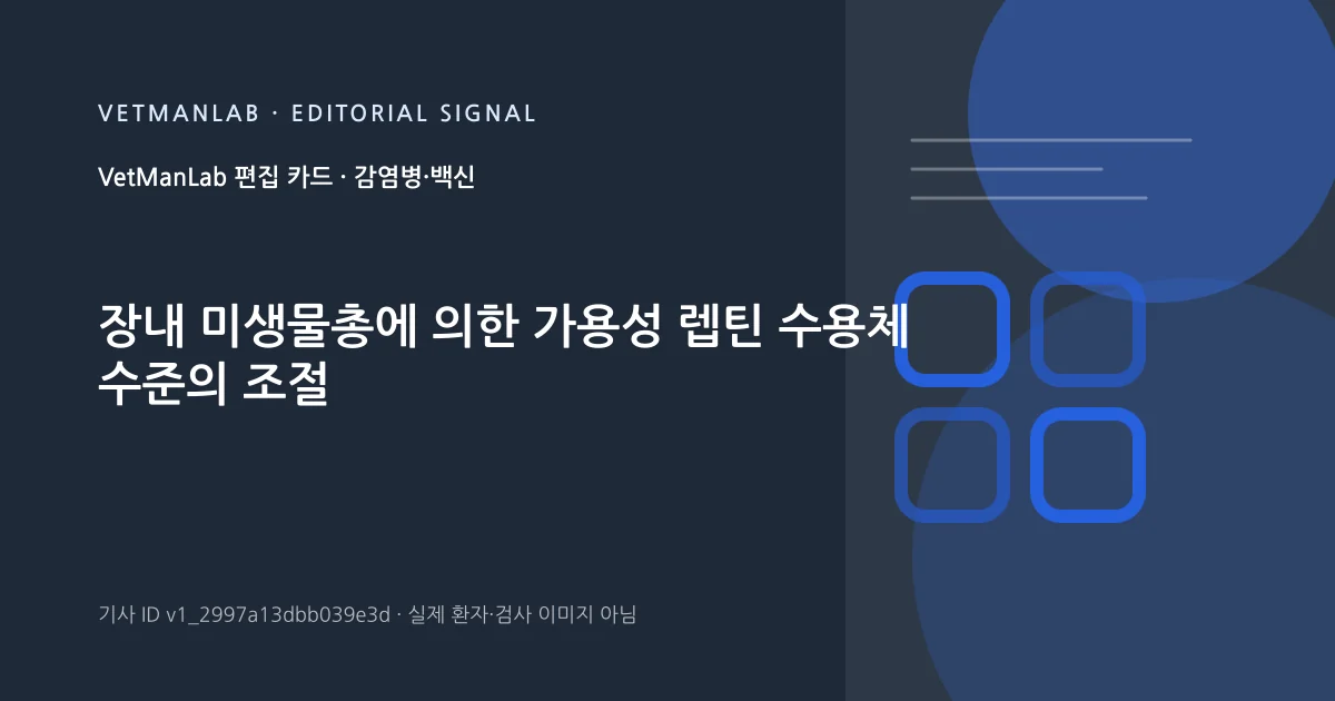 VetManLab 편집용 정보 카드: 장내 미생물총에 의한 가용성 렙틴 수용체 수준의 조절. 실제 환자나 검사 사진이 아닌 기사 주제 안내 그래픽입니다.