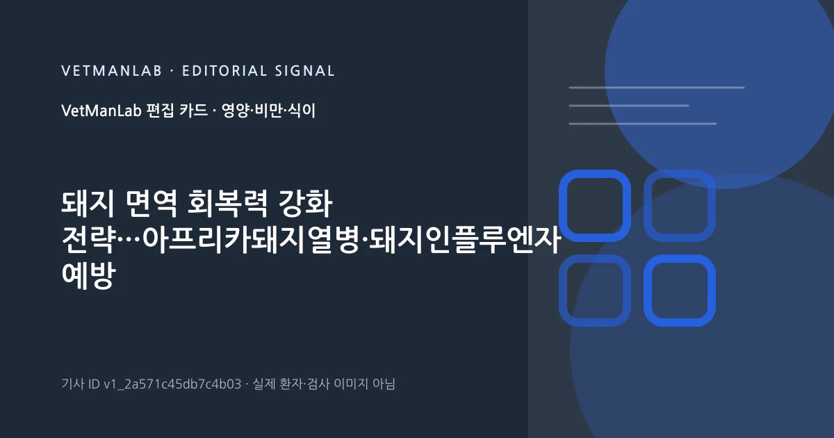 VetManLab 편집용 정보 카드: 돼지 면역 회복력 강화 전략···아프리카돼지열병·돼지인플루엔자 예방 총정리. 실제 환자나 검사 사진이 아닌 기사 주제 안내 그래픽입니다.