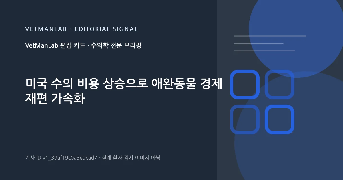 VetManLab 편집용 정보 카드: 미국 수의 비용 상승으로 애완동물 경제 재편 가속화. 실제 환자나 검사 사진이 아닌 기사 주제 안내 그래픽입니다.
