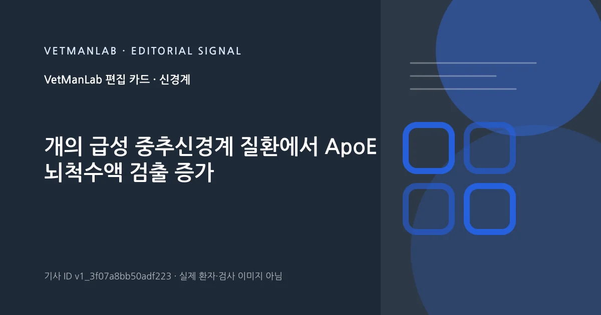 VetManLab 편집용 정보 카드: 개의 급성 중추신경계 질환에서 ApoE 뇌척수액 검출 증가. 실제 환자나 검사 사진이 아닌 기사 주제 안내 그래픽입니다.