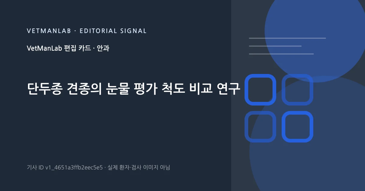 VetManLab 편집용 정보 카드: 단두종 견종의 눈물 평가 척도 비교 연구. 실제 환자나 검사 사진이 아닌 기사 주제 안내 그래픽입니다.