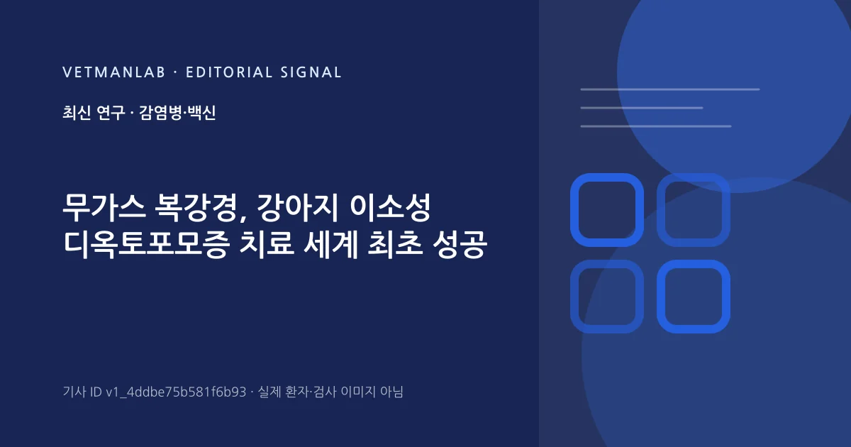 VetManLab 편집용 정보 카드: 무가스 복강경, 강아지 이소성 디옥토포모증 치료 세계 최초 성공. 실제 환자나 검사 사진이 아닌 기사 주제 안내 그래픽입니다.