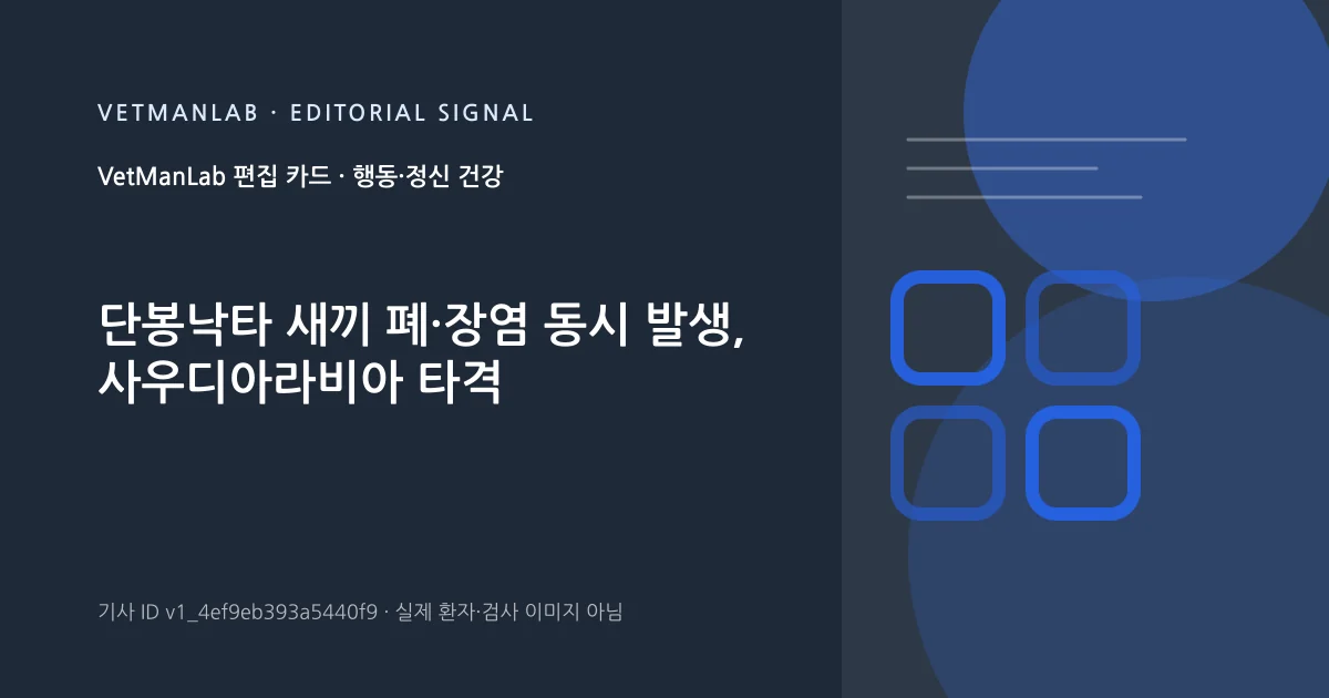 VetManLab 편집용 정보 카드: 단봉낙타 새끼 폐·장염 동시 발생, 사우디아라비아 타격. 실제 환자나 검사 사진이 아닌 기사 주제 안내 그래픽입니다.