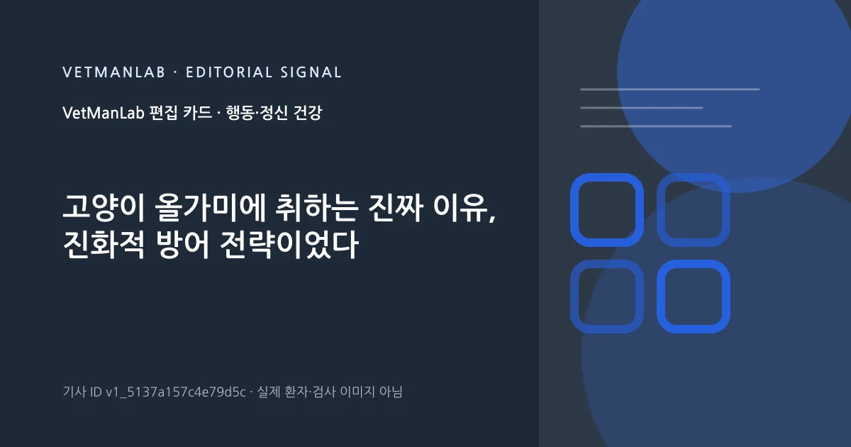 VetManLab 편집용 정보 카드: 고양이 올가미에 취하는 진짜 이유, 진화적 방어 전략이었다. 실제 환자나 검사 사진이 아닌 기사 주제 안내 그래픽입니다.