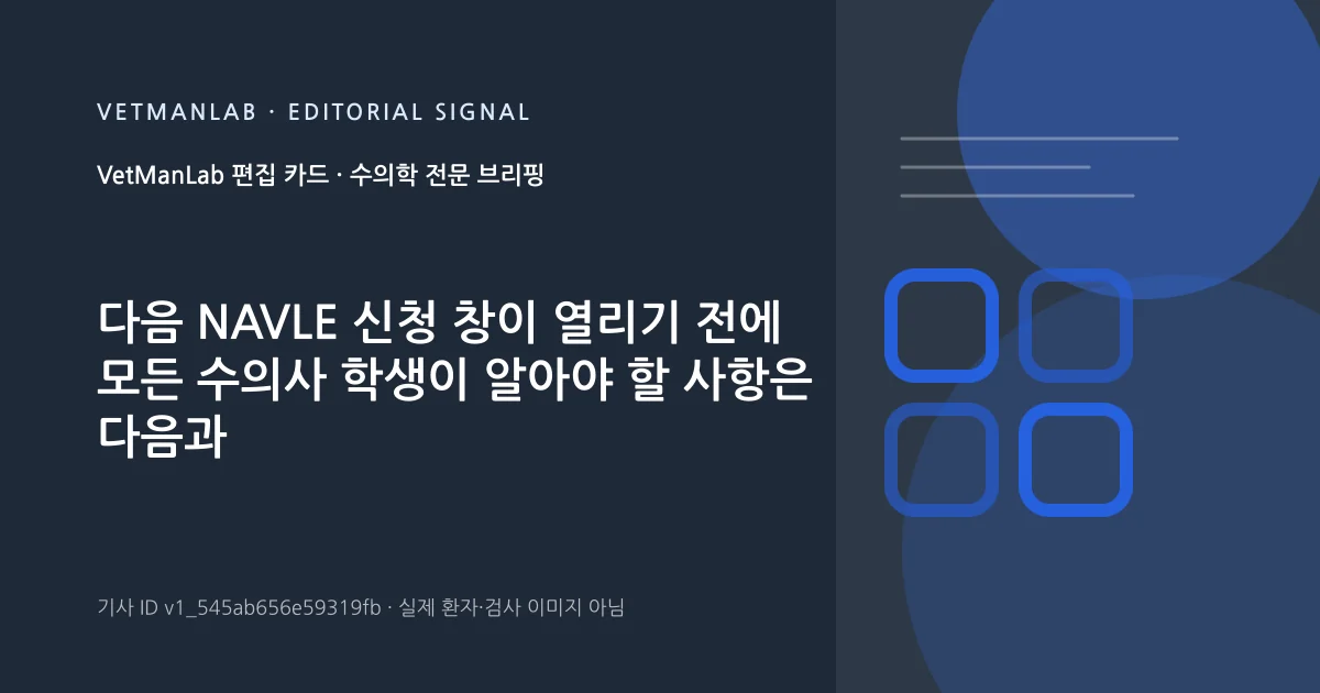 VetManLab 편집용 정보 카드: 다음 NAVLE 신청 창이 열리기 전에 모든 수의사 학생이 알아야 할 사항은 다음과 같습니다.. 실제 환자나 검사 사진이 아닌 기사 주제 안내 그래픽입니다.