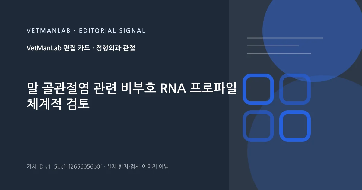 VetManLab 편집용 정보 카드: 말 골관절염 관련 비부호 RNA 프로파일 체계적 검토. 실제 환자나 검사 사진이 아닌 기사 주제 안내 그래픽입니다.