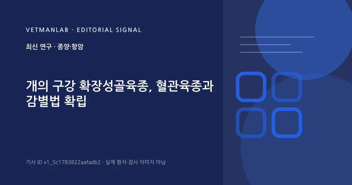 VetManLab 편집용 정보 카드: 개의 구강 확장성골육종, 혈관육종과 감별법 확립. 실제 환자나 검사 사진이 아닌 기사 주제 안내 그래픽입니다.