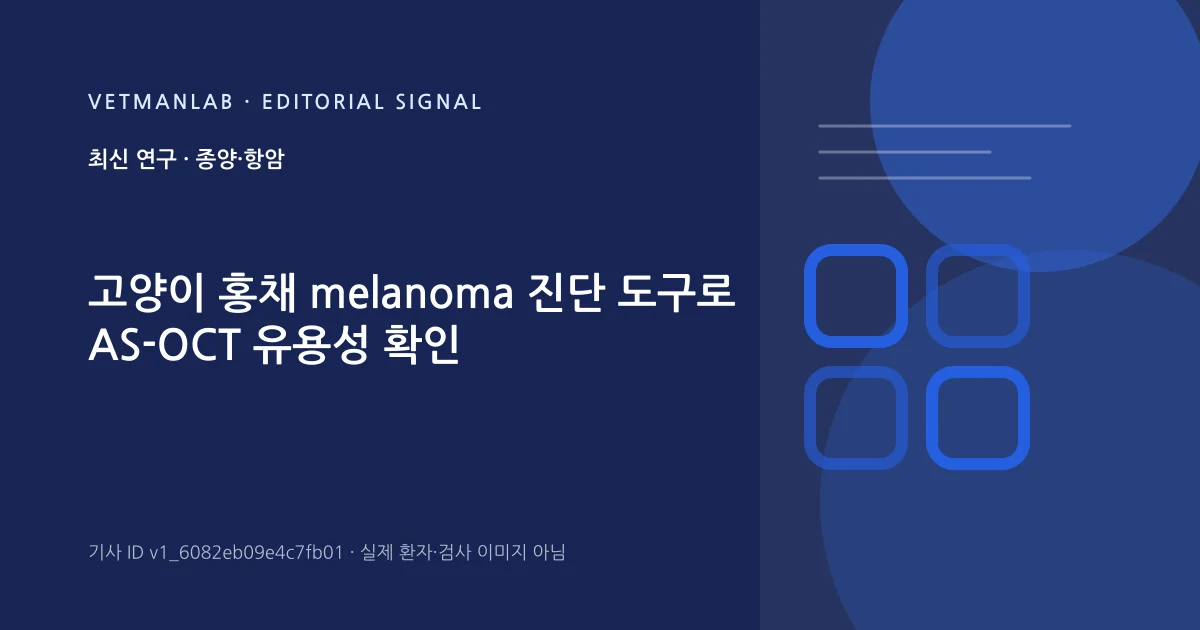 VetManLab 편집용 정보 카드: 고양이 홍채 melanoma 진단 도구로 AS-OCT 유용성 확인. 실제 환자나 검사 사진이 아닌 기사 주제 안내 그래픽입니다.