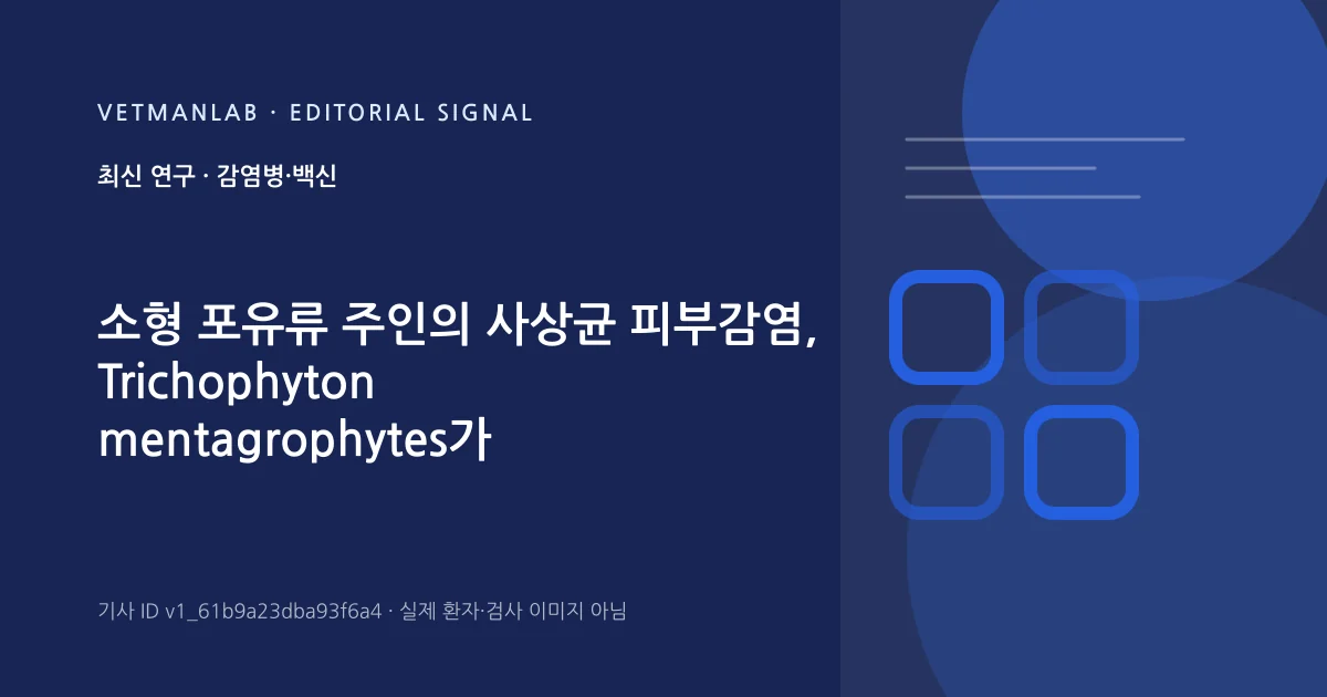 VetManLab 편집용 정보 카드: 소형 포유류 주인의 사상균 피부감염, Trichophyton mentagrophytes가 가장 흔해. 실제 환자나 검사 사진이 아닌 기사 주제 안내 그래픽입니다.