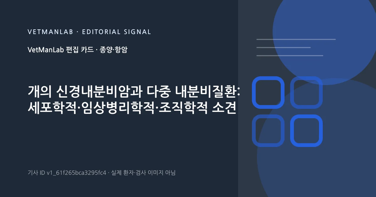 VetManLab 편집용 정보 카드: 개의 신경내분비암과 다중 내분비질환: 세포학적·임상병리학적·조직학적 소견. 실제 환자나 검사 사진이 아닌 기사 주제 안내 그래픽입니다.