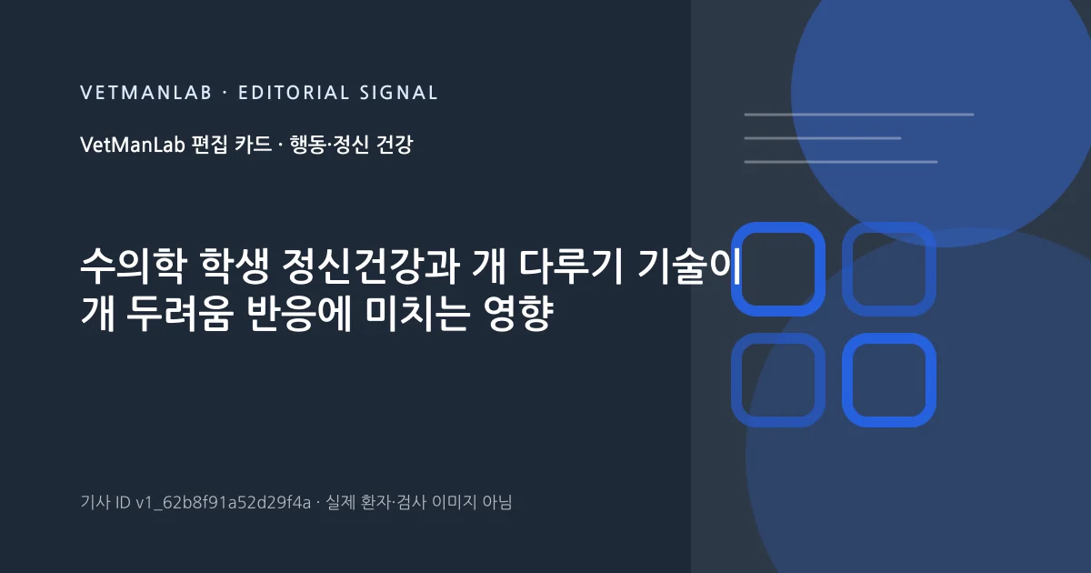 VetManLab 편집용 정보 카드: 수의학 학생 정신건강과 개 다루기 기술이 개 두려움 반응에 미치는 영향. 실제 환자나 검사 사진이 아닌 기사 주제 안내 그래픽입니다.