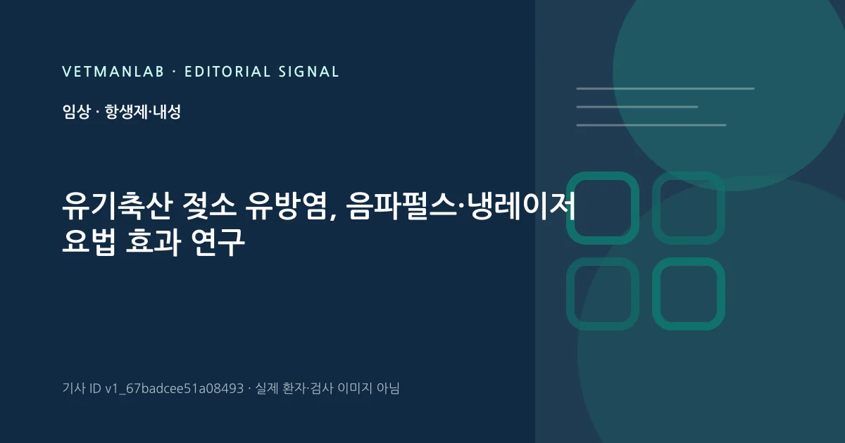 VetManLab 편집용 정보 카드: 유기축산 젖소 유방염, 음파펄스·냉레이저 요법 효과 연구. 실제 환자나 검사 사진이 아닌 기사 주제 안내 그래픽입니다.