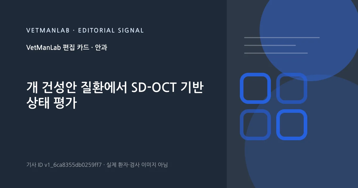 VetManLab 편집용 정보 카드: 개 건성안 질환에서 SD-OCT 기반 상태 평가. 실제 환자나 검사 사진이 아닌 기사 주제 안내 그래픽입니다.
